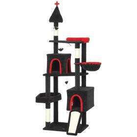 78" Gothic Cat Tree, Cat Tower with Coffin Bed, 2 Spacious Condos, Sisal Scratching Posts, Bat Hanging Balls, Halloween