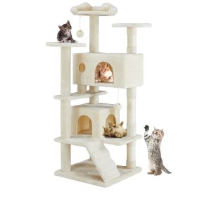 Multi-functional cat tree house cat climbing frame, lounge and recreation area detachable toy, 54in (Color: Beige)